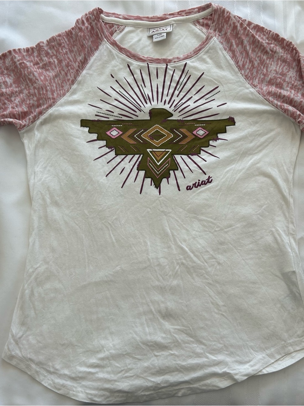 Ariat White Raglan Tee with Pink Sleeves & Olive Graphic